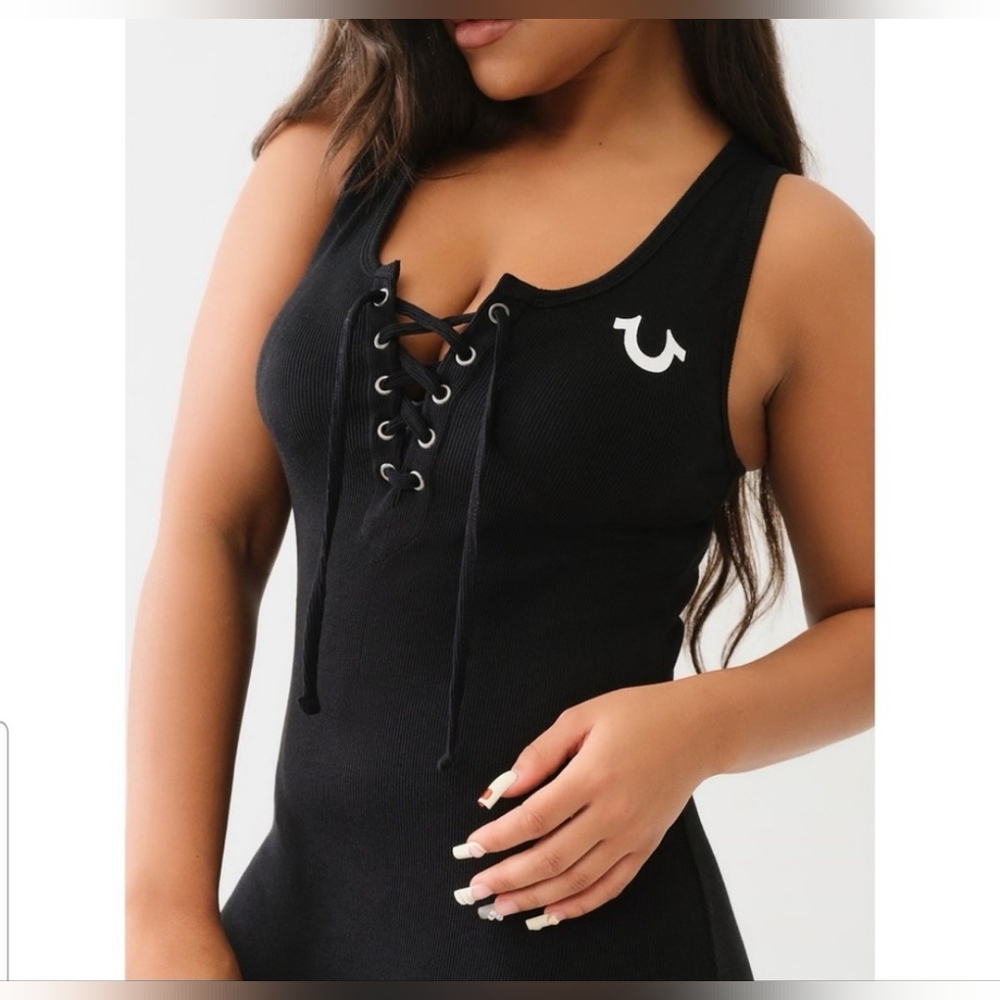 True Religion Lace Up Horseshoe Midi Dress Beige Med NWT